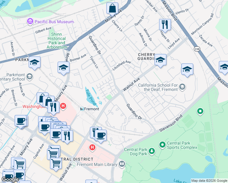 map of restaurants, bars, coffee shops, grocery stores, and more near 1087 Vardin Terrace in Fremont