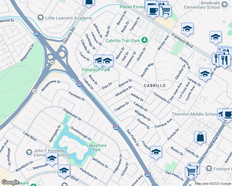 map of restaurants, bars, coffee shops, grocery stores, and more near 35705 Cabrillo Drive in Fremont