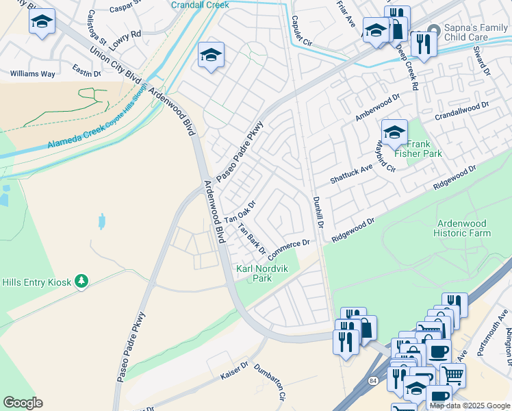 map of restaurants, bars, coffee shops, grocery stores, and more near 5677 Tan Oak Drive in Fremont