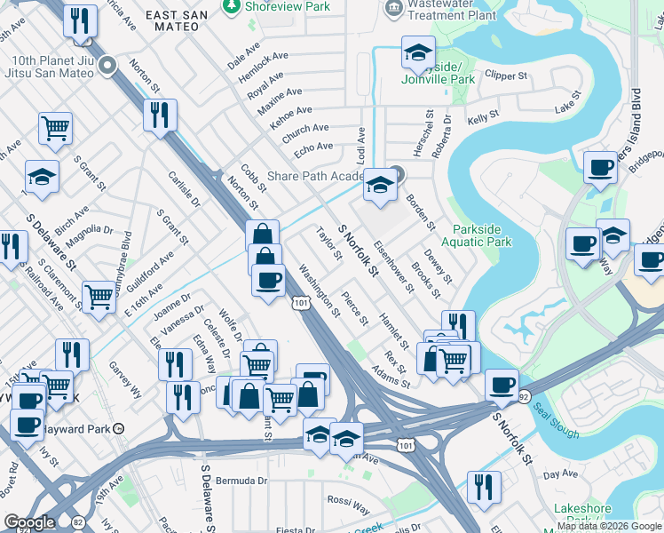 map of restaurants, bars, coffee shops, grocery stores, and more near 1680 Taylor Street in San Mateo