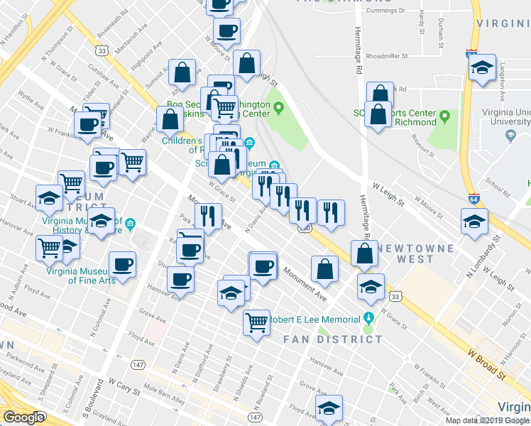 map of restaurants, bars, coffee shops, grocery stores, and more near 2400 West Broad Street in Richmond