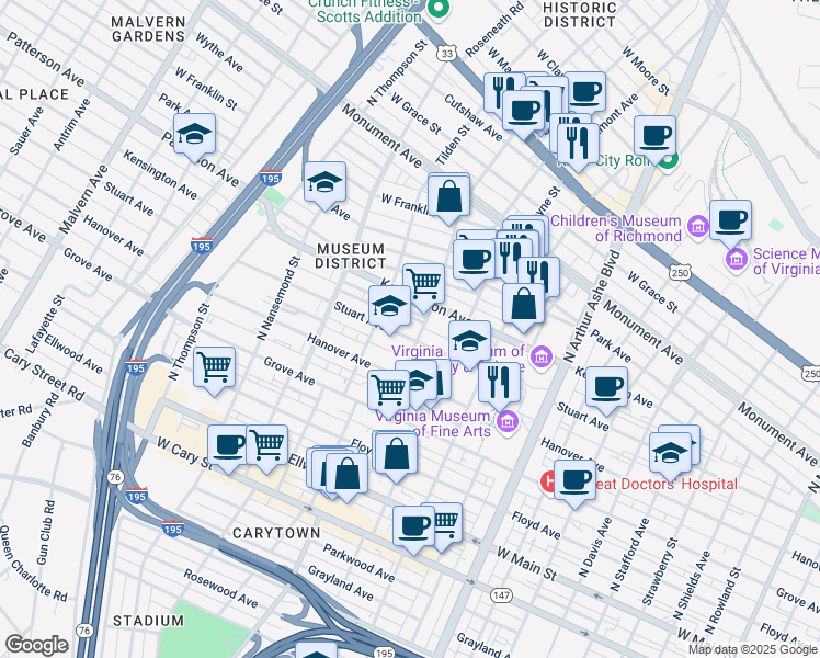 map of restaurants, bars, coffee shops, grocery stores, and more near 3203 Virginia 6 in Richmond