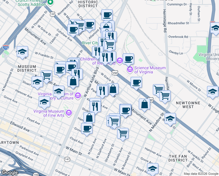 map of restaurants, bars, coffee shops, grocery stores, and more near 2606 Monument Avenue in Richmond