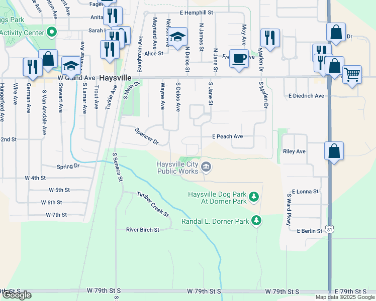 map of restaurants, bars, coffee shops, grocery stores, and more near 335 South Jane Avenue in Haysville