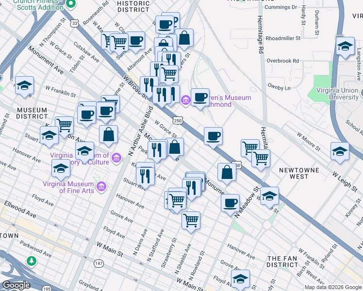 map of restaurants, bars, coffee shops, grocery stores, and more near 2517 West Grace Street in Richmond