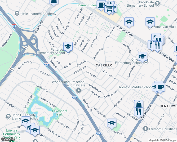 map of restaurants, bars, coffee shops, grocery stores, and more near 35942 Adobe Drive in Fremont