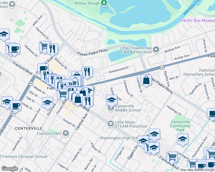 map of restaurants, bars, coffee shops, grocery stores, and more near 3467 California 84 in Fremont