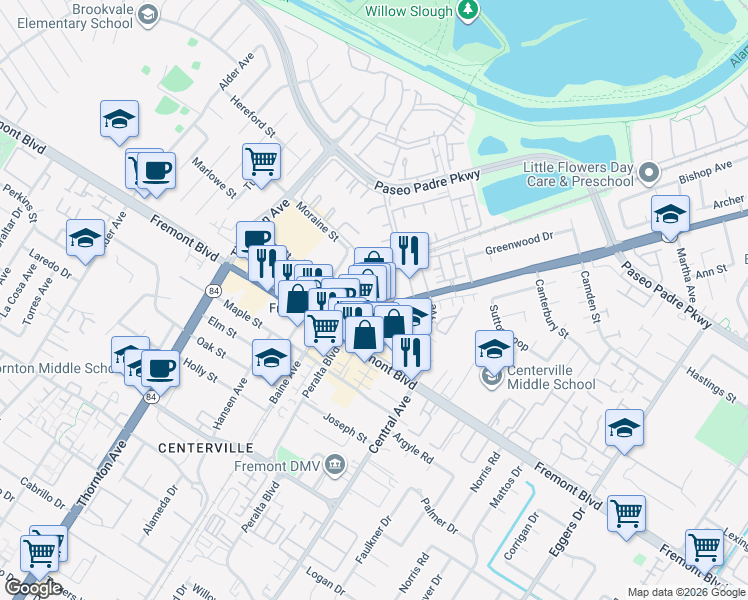 map of restaurants, bars, coffee shops, grocery stores, and more near 3769 Peralta Boulevard in Fremont