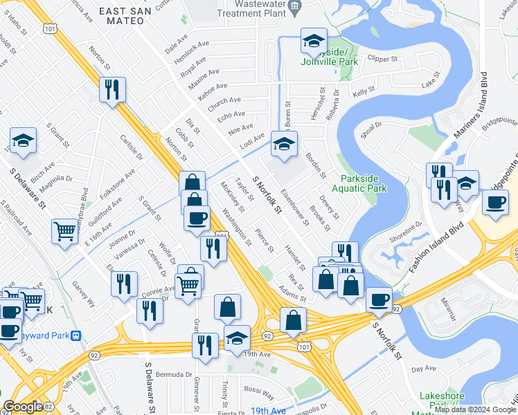 map of restaurants, bars, coffee shops, grocery stores, and more near 1418 Hancock Avenue in San Mateo