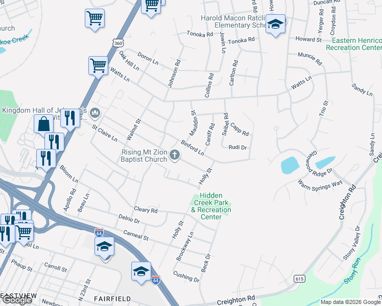 map of restaurants, bars, coffee shops, grocery stores, and more near 2100 Binford Lane in Richmond