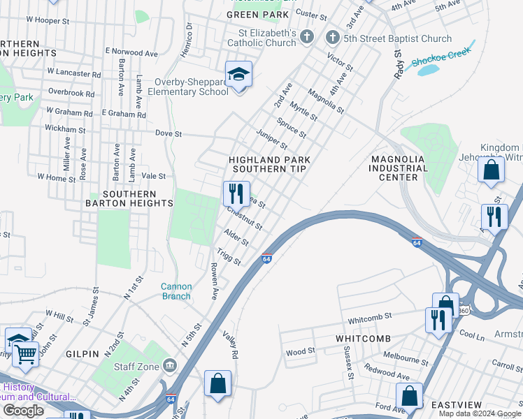 map of restaurants, bars, coffee shops, grocery stores, and more near 1919 4th Avenue in Richmond