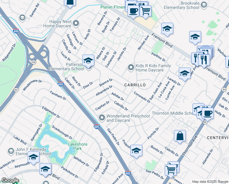 map of restaurants, bars, coffee shops, grocery stores, and more near 35942 Adobe Drive in Fremont