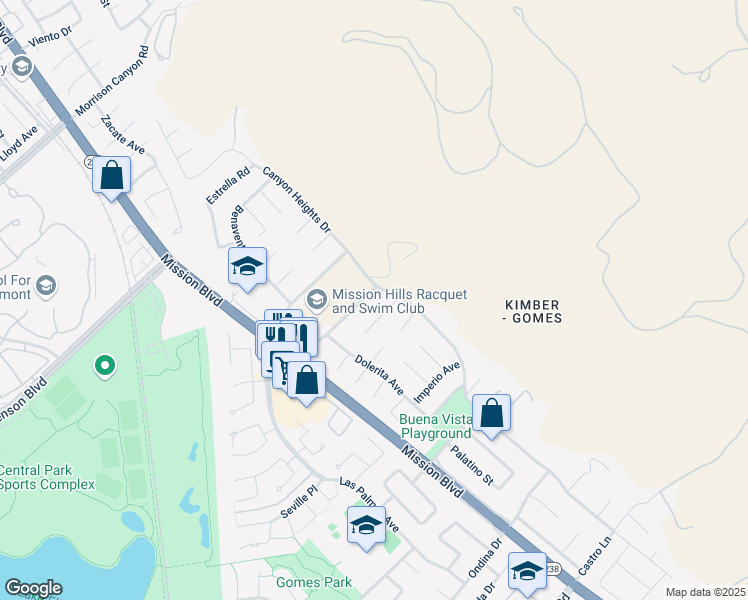 map of restaurants, bars, coffee shops, grocery stores, and more near 40000 Canyon Heights Drive in Fremont