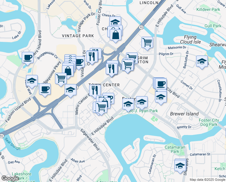 map of restaurants, bars, coffee shops, grocery stores, and more near 6 East Court Lane in Foster City