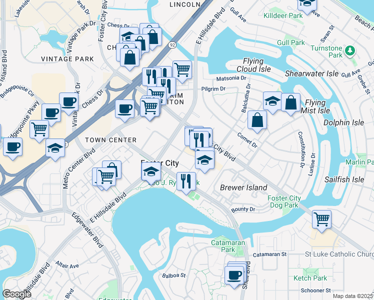 map of restaurants, bars, coffee shops, grocery stores, and more near 707 Thayer Lane in Foster City