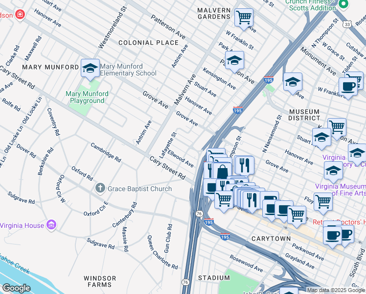 map of restaurants, bars, coffee shops, grocery stores, and more near 3907 Floyd Avenue in Richmond