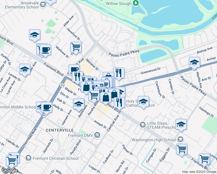 map of restaurants, bars, coffee shops, grocery stores, and more near 3769 Peralta Boulevard in Fremont