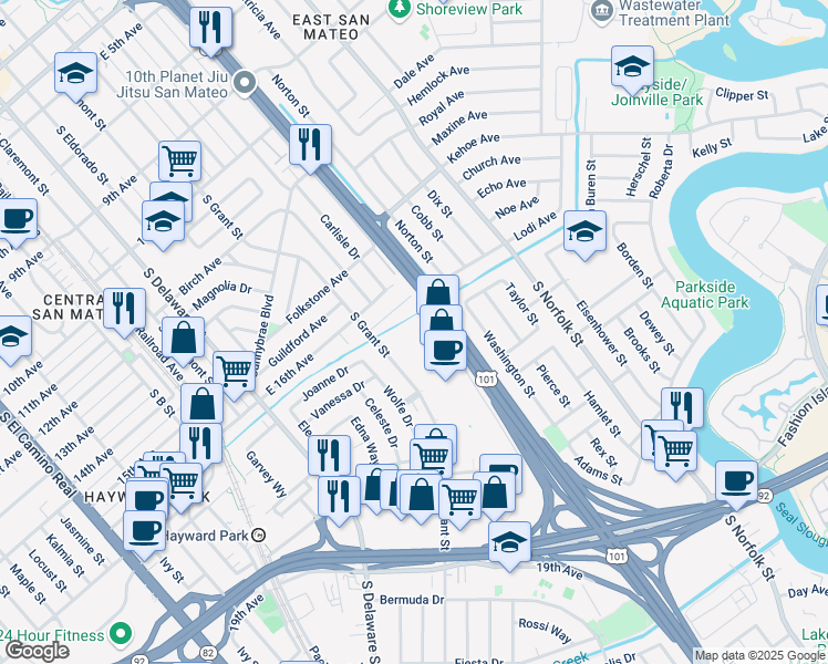 map of restaurants, bars, coffee shops, grocery stores, and more near 1010 Haddon Drive in San Mateo
