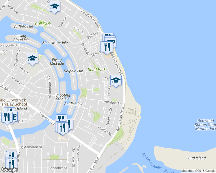 map of restaurants, bars, coffee shops, grocery stores, and more near 241 Bonita Lane in Foster City