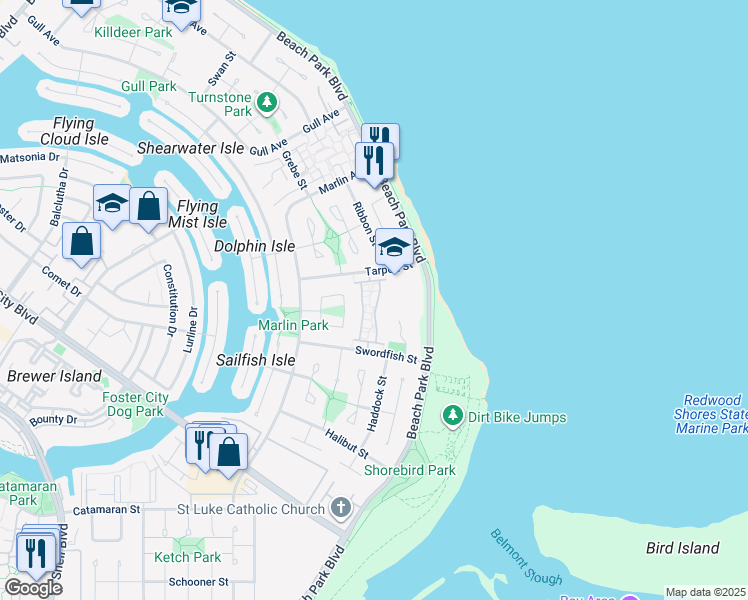 map of restaurants, bars, coffee shops, grocery stores, and more near 241 Bonita Lane in Foster City