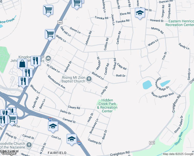 map of restaurants, bars, coffee shops, grocery stores, and more near 2115 Binford Lane in Richmond