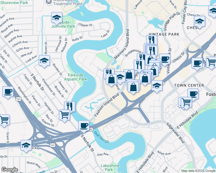 map of restaurants, bars, coffee shops, grocery stores, and more near 951 Mariners Island Boulevard in San Mateo