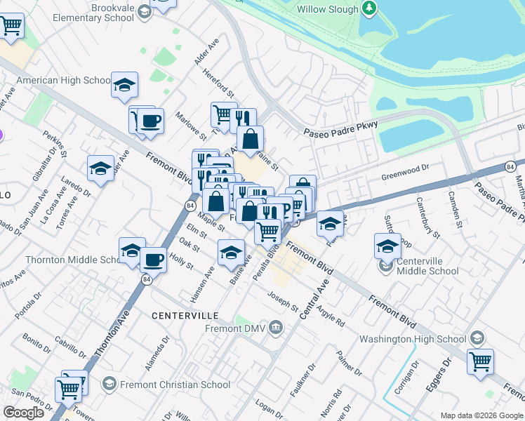 map of restaurants, bars, coffee shops, grocery stores, and more near 3858 Bonde Way in Fremont