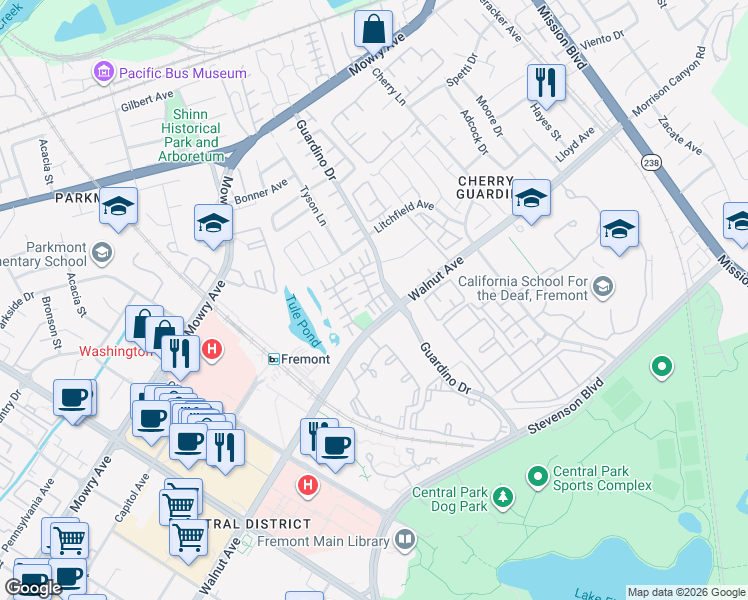 map of restaurants, bars, coffee shops, grocery stores, and more near Lakefront Circle in Fremont