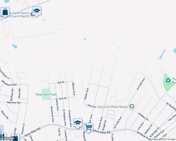 map of restaurants, bars, coffee shops, grocery stores, and more near 222 Robin Avenue in Richmond