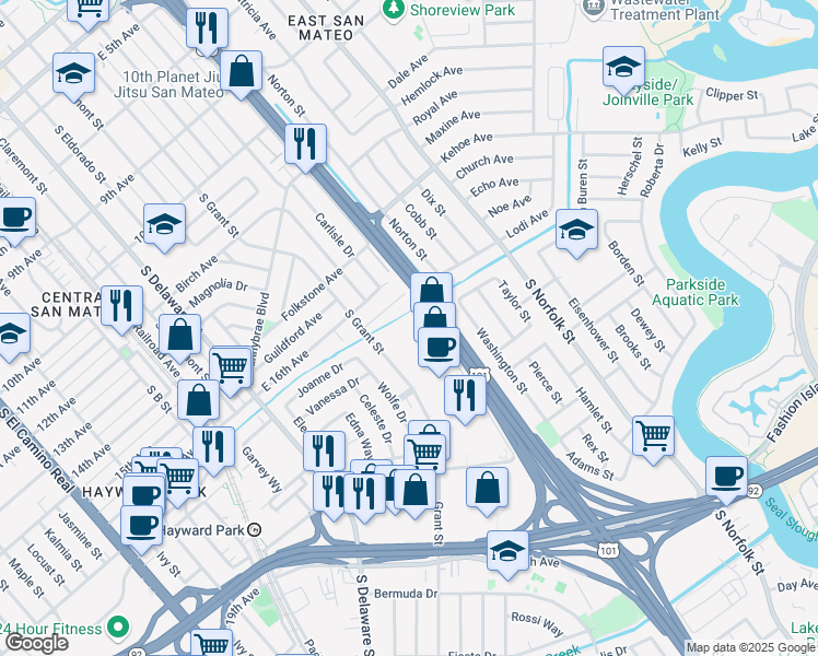 map of restaurants, bars, coffee shops, grocery stores, and more near 1010 Haddon Drive in San Mateo