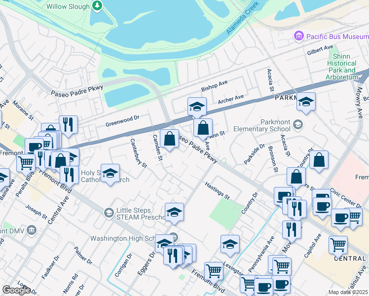map of restaurants, bars, coffee shops, grocery stores, and more near 2997 Park Place Common in Fremont