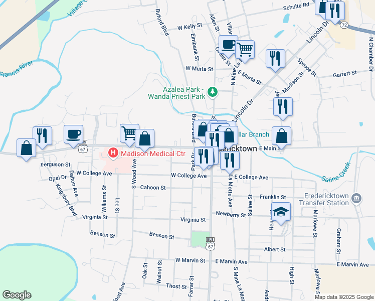 map of restaurants, bars, coffee shops, grocery stores, and more near 208 West Main Street in Fredericktown