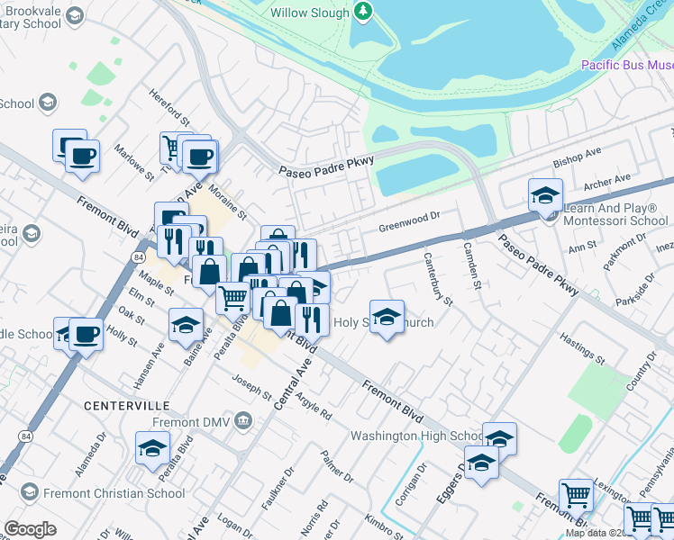 map of restaurants, bars, coffee shops, grocery stores, and more near 3570 Peralta Boulevard in Fremont