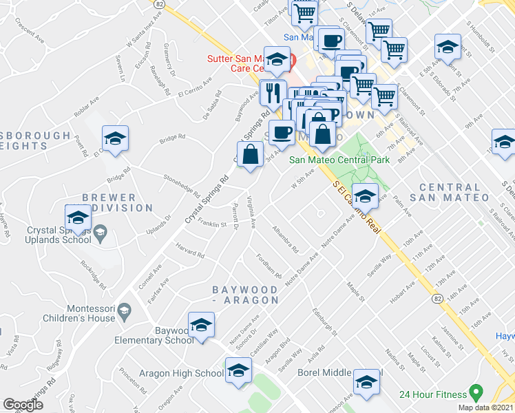 map of restaurants, bars, coffee shops, grocery stores, and more near 146 Dartmouth Road in San Mateo