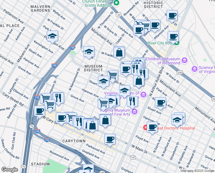 map of restaurants, bars, coffee shops, grocery stores, and more near 411 Tilden Street in Richmond