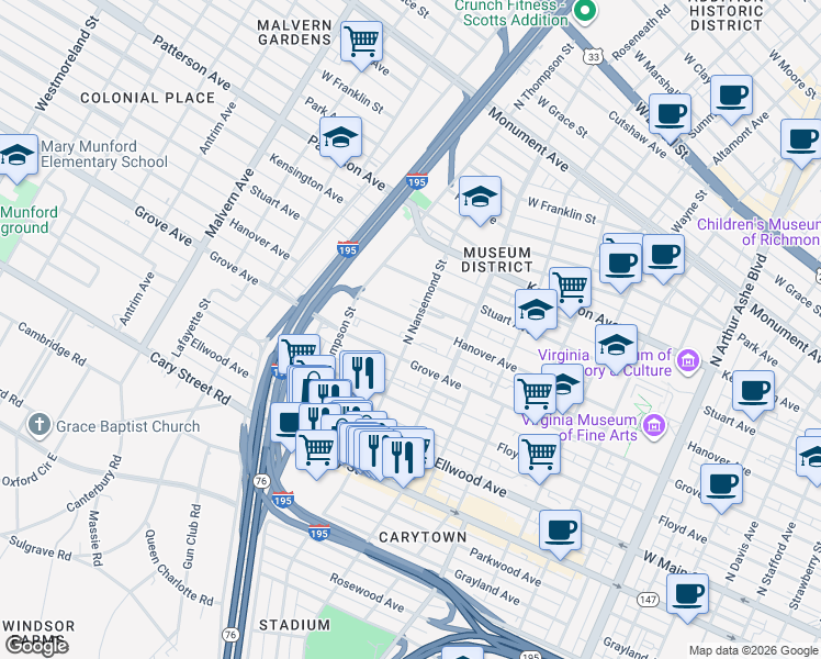 map of restaurants, bars, coffee shops, grocery stores, and more near in Richmond