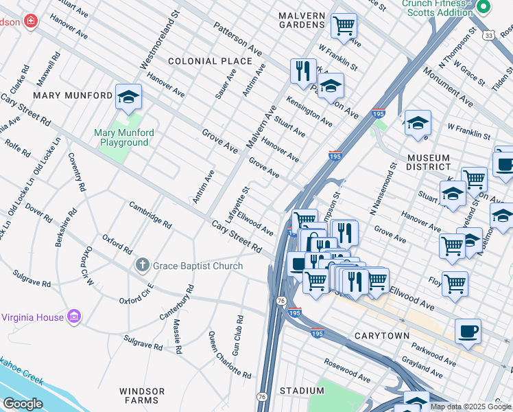map of restaurants, bars, coffee shops, grocery stores, and more near 3908 Floyd Avenue in Richmond