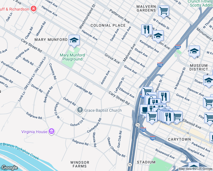 map of restaurants, bars, coffee shops, grocery stores, and more near 41 1/2 Malvern Avenue in Richmond