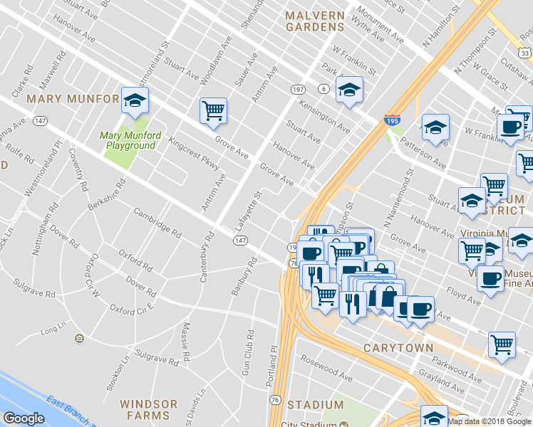 map of restaurants, bars, coffee shops, grocery stores, and more near 3911 Floyd Avenue in Richmond