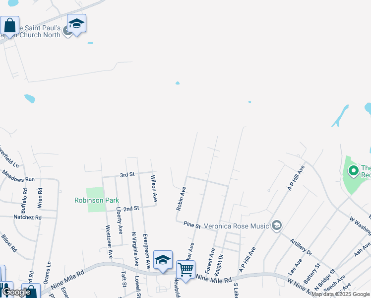 map of restaurants, bars, coffee shops, grocery stores, and more near 222 Robin Avenue in Richmond