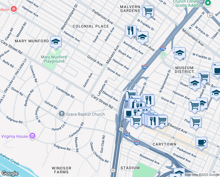 map of restaurants, bars, coffee shops, grocery stores, and more near 3911 Floyd Avenue in Richmond