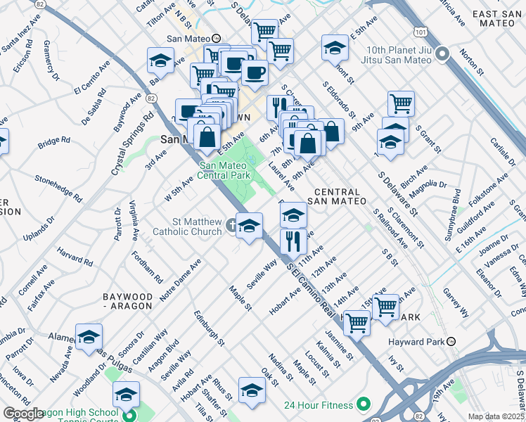 map of restaurants, bars, coffee shops, grocery stores, and more near San Mateo Drive in San Mateo