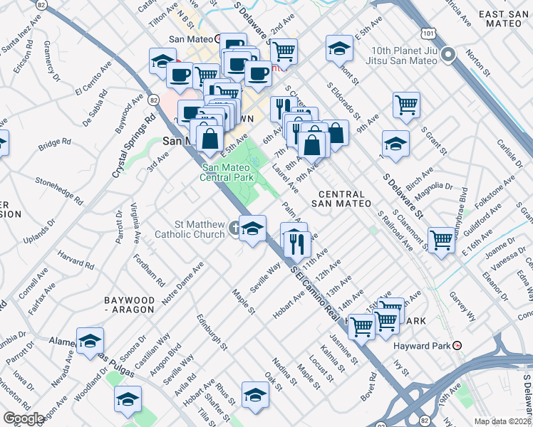 map of restaurants, bars, coffee shops, grocery stores, and more near 10 9th Avenue in San Mateo