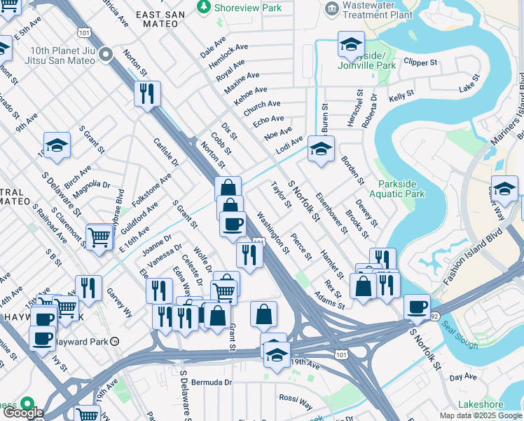 map of restaurants, bars, coffee shops, grocery stores, and more near 1677 Washington Street in San Mateo