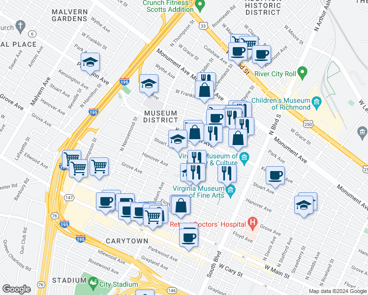 map of restaurants, bars, coffee shops, grocery stores, and more near 3210 Stuart Avenue in Richmond