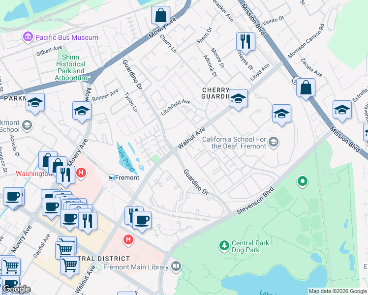 map of restaurants, bars, coffee shops, grocery stores, and more near 1024 Walnut Avenue in Fremont