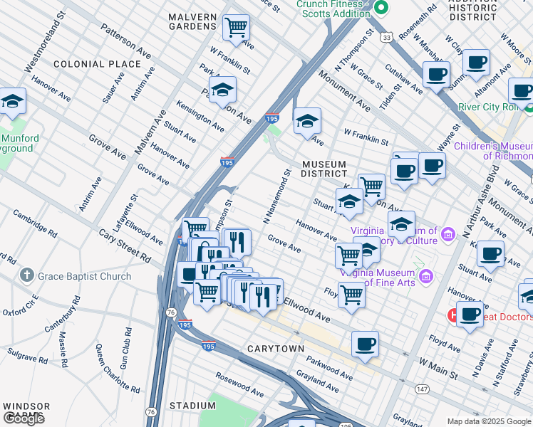 map of restaurants, bars, coffee shops, grocery stores, and more near 3503 Hanover Avenue in Richmond