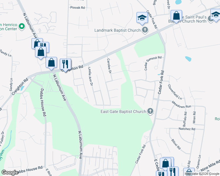 map of restaurants, bars, coffee shops, grocery stores, and more near 3813 Tighe Court in Richmond