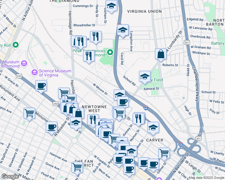 map of restaurants, bars, coffee shops, grocery stores, and more near 1000 North Lombardy Street in Richmond