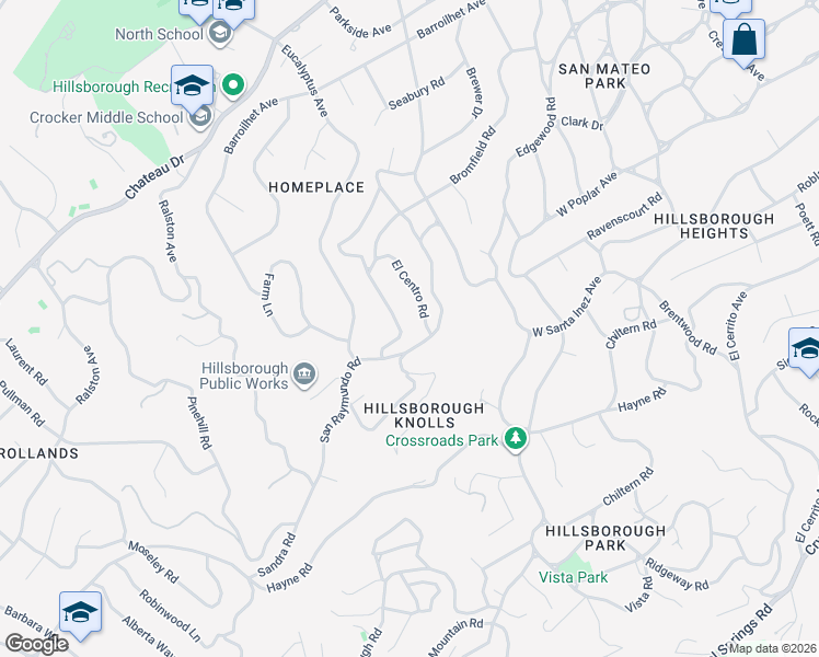 map of restaurants, bars, coffee shops, grocery stores, and more near 420 El Arroyo Road in Hillsborough